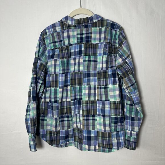 LL Bean Women’s M Petite Blue Plaid Country Patchwork Button Front Top Casual - Picture 2 of 9